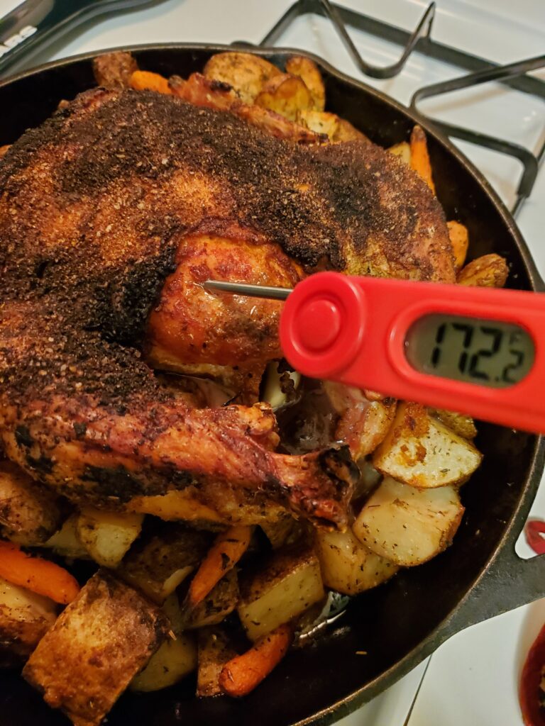 Skillet Roasted Whole Chicken, Carrots & Potatoes with Mushroom Pan Dripping Gravy